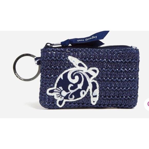 Vera Bradley Straw Zip ID Case w/ Key Ring ~Embroidered Sea Turtle ~ Navy Blue - Picture 1 of 4